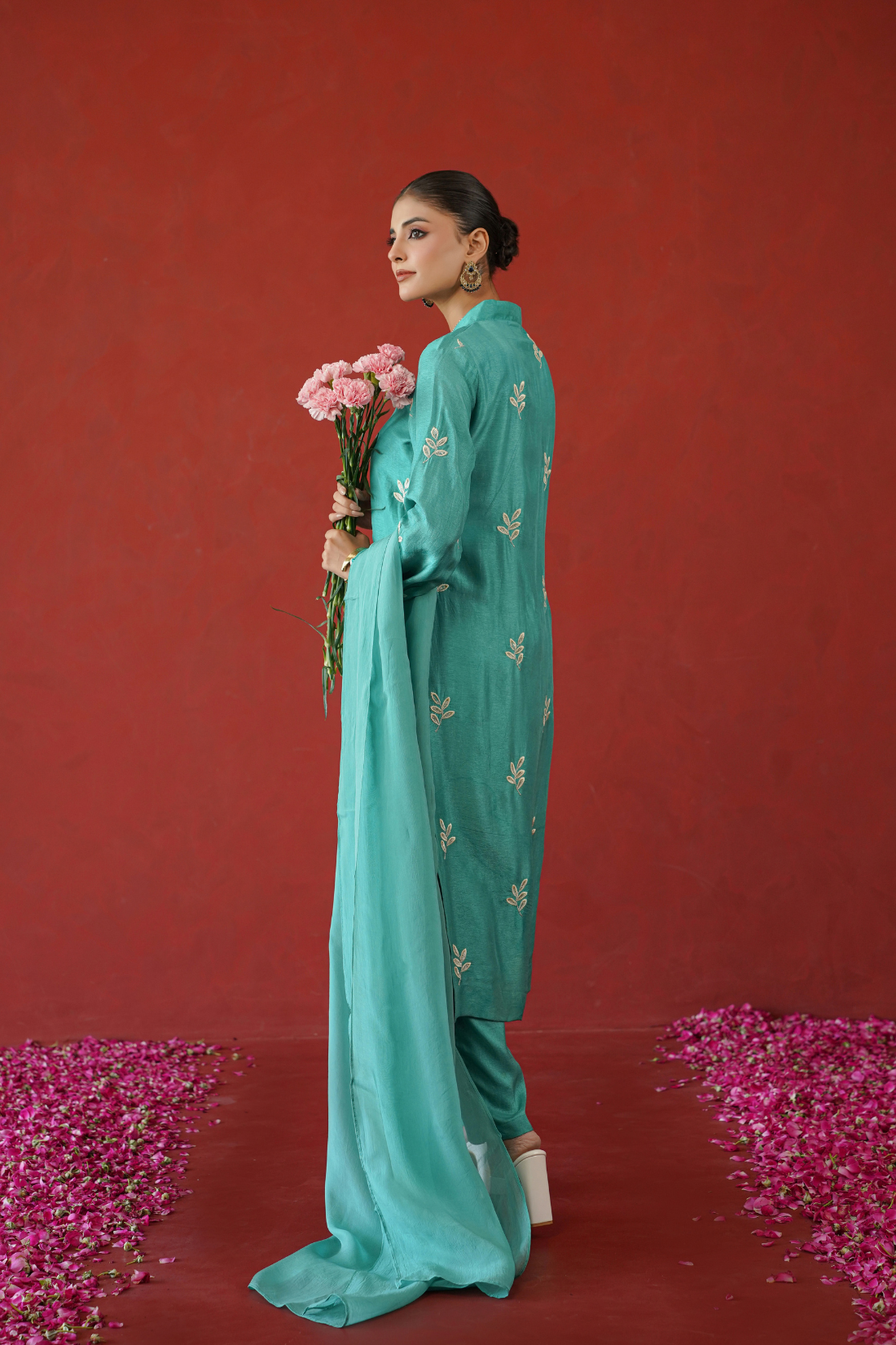Teal Leaf Embroidered Suit Set