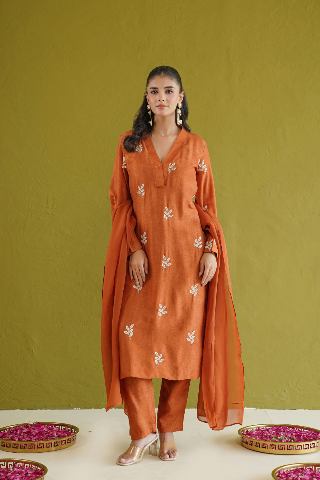 Rust Leaf Embroidered Suit Set