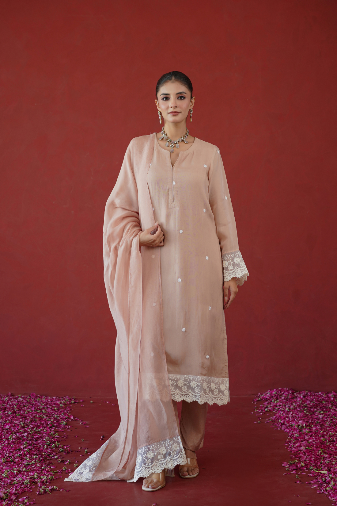 Blush Pink Floral Lace Suit Set