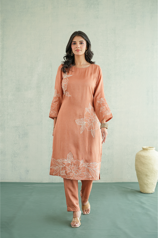 Peach Rose embroidered Tunic Set