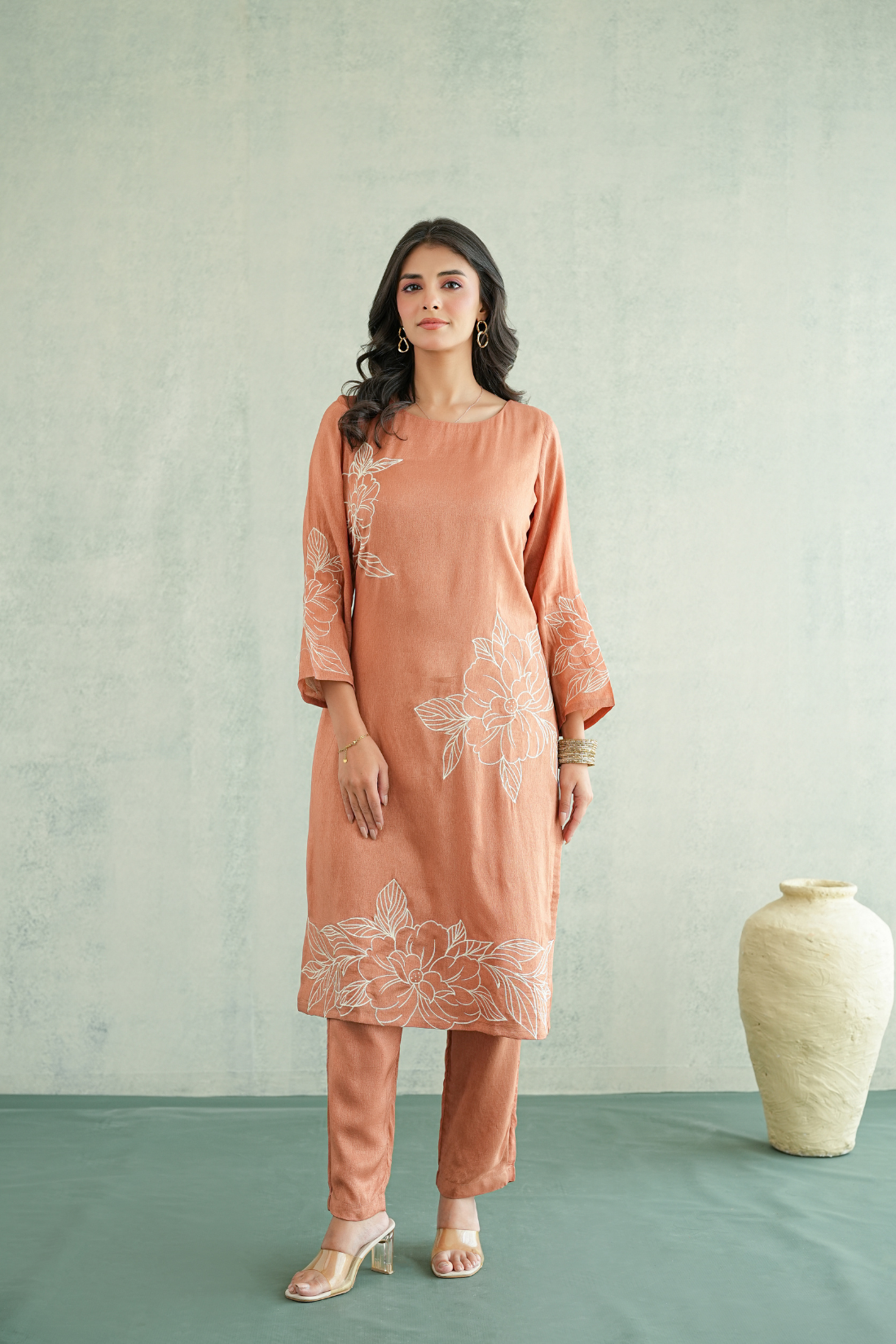 Peach Rose embroidered Tunic Set
