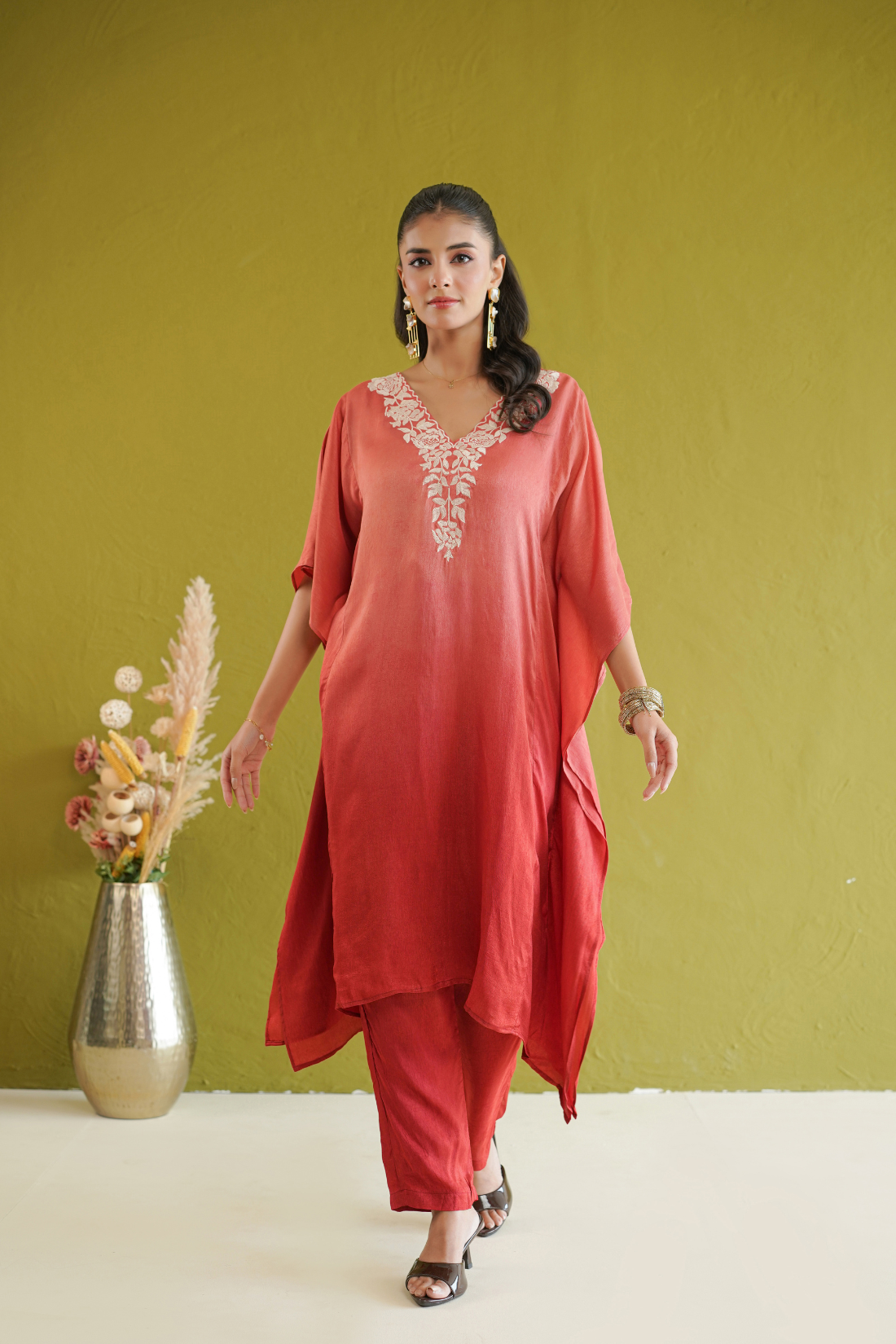 Red Ombre Floral Embroidered Kaftan Set