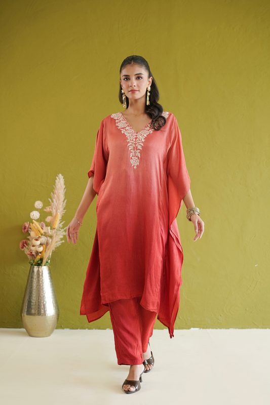 Red Ombre Floral Embroidered Kaftan Set