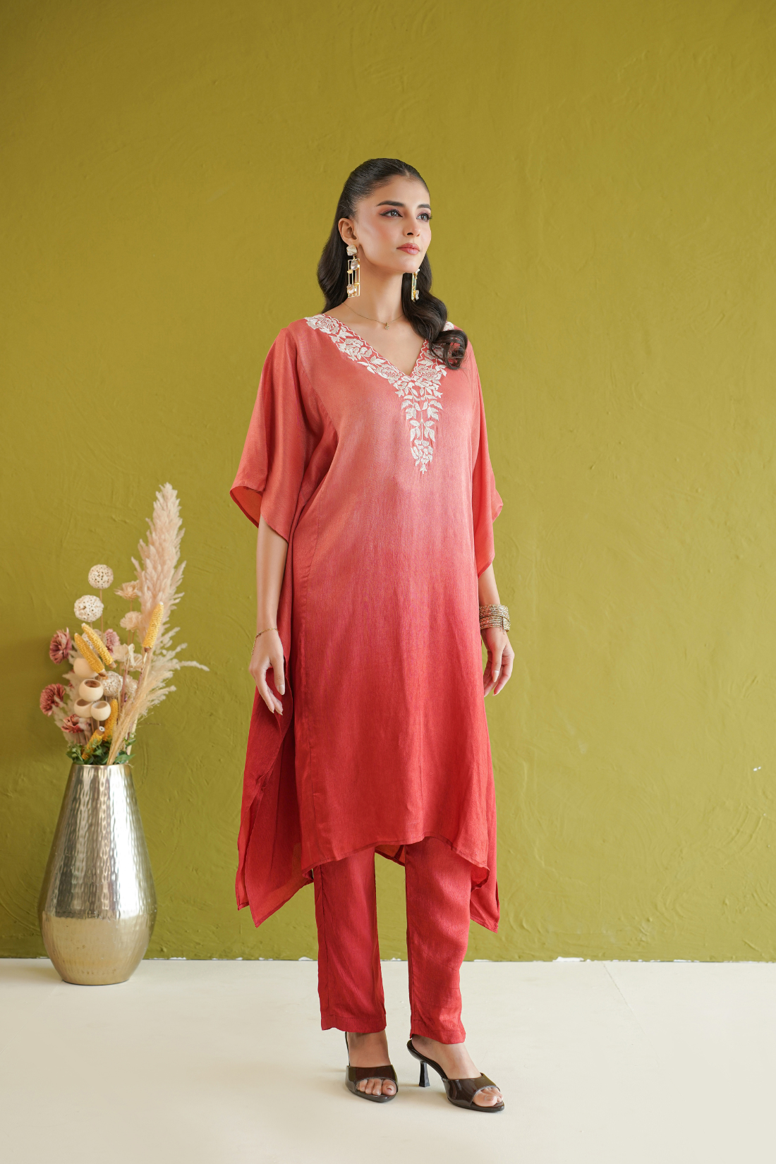 Red Ombre Floral Embroidered Kaftan Set