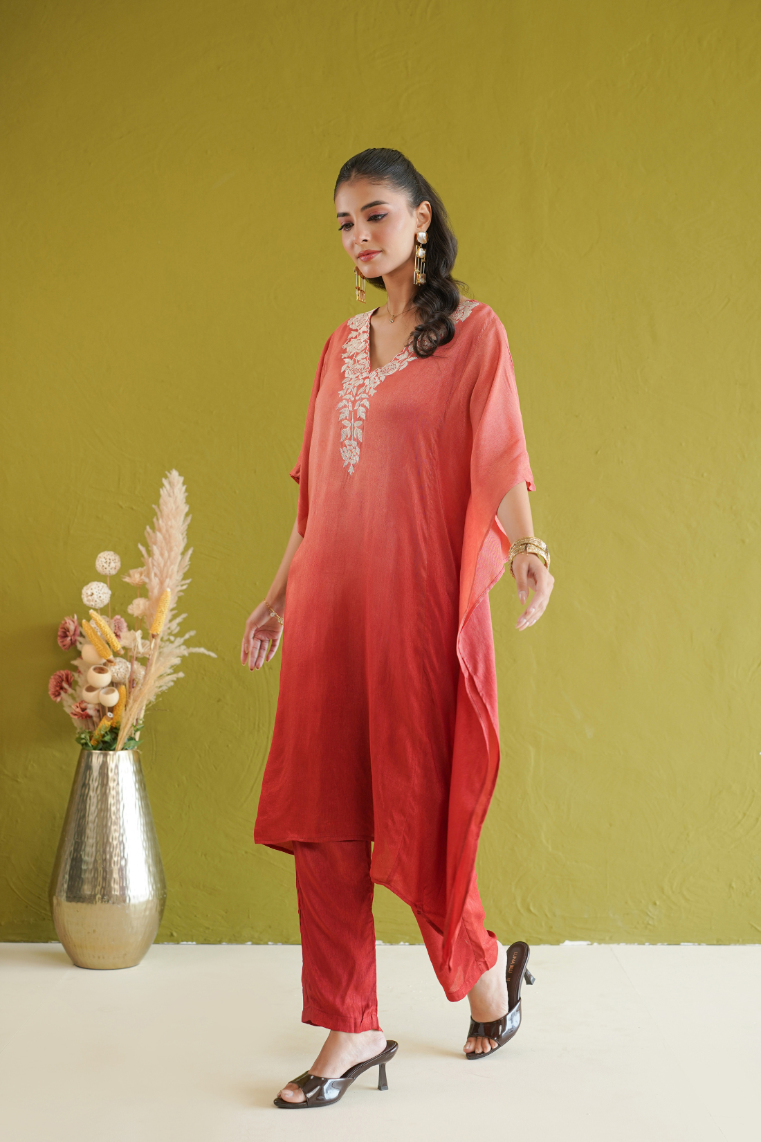 Red Ombre Floral Embroidered Kaftan Set