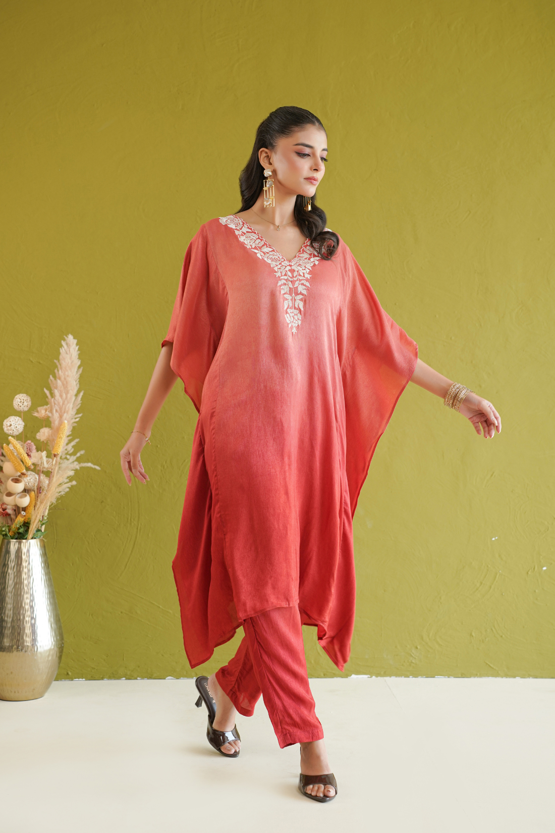 Red Ombre Floral Embroidered Kaftan Set