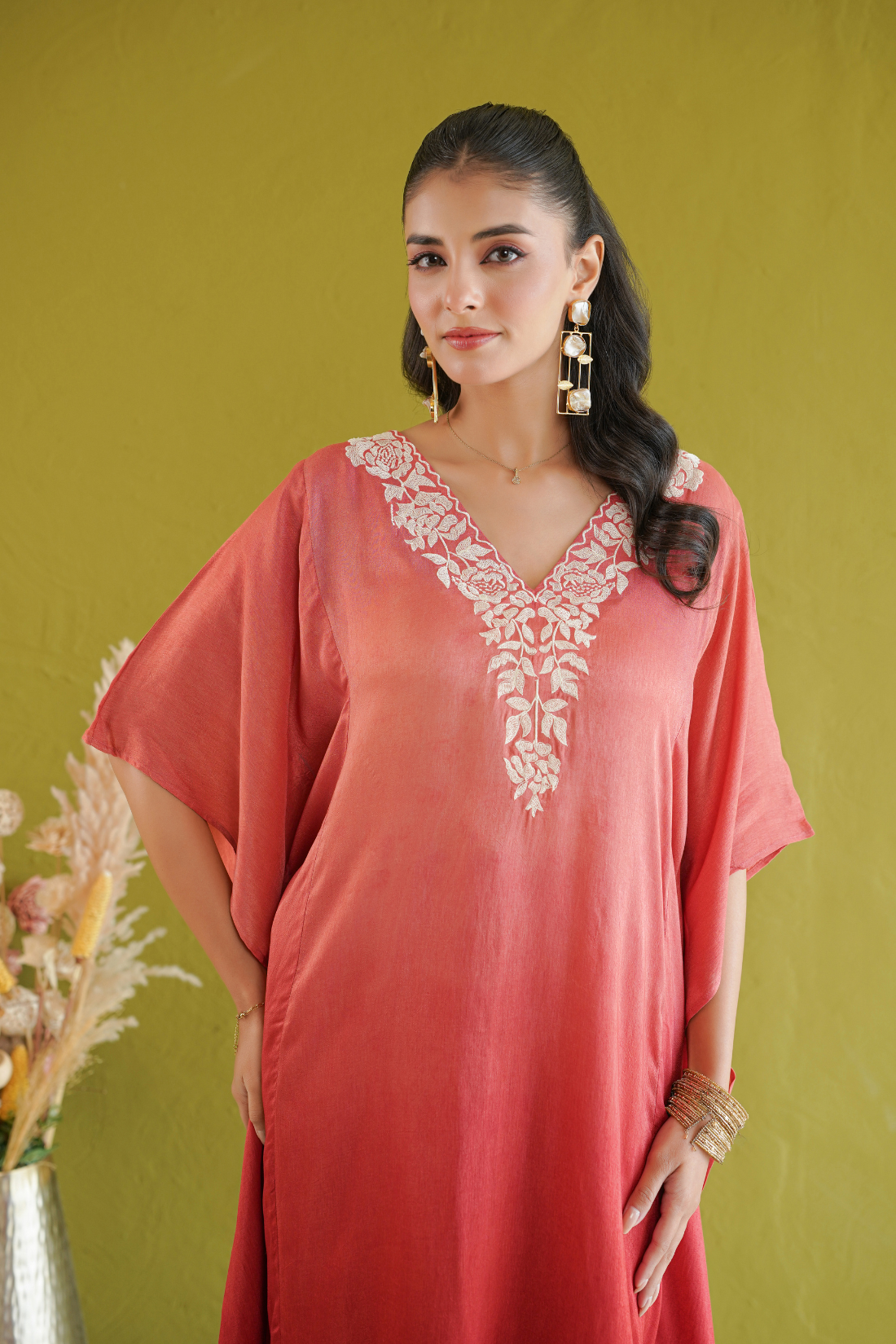 Red Ombre Floral Embroidered Kaftan Set