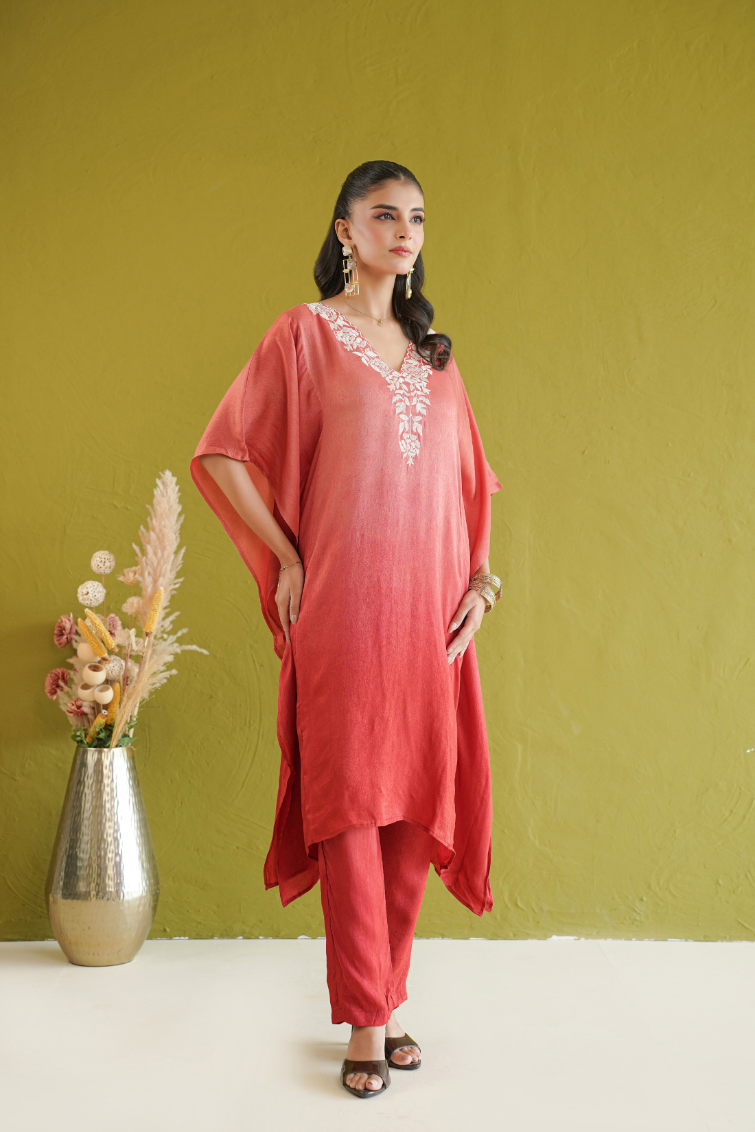 Red Ombre Floral Embroidered Kaftan Set