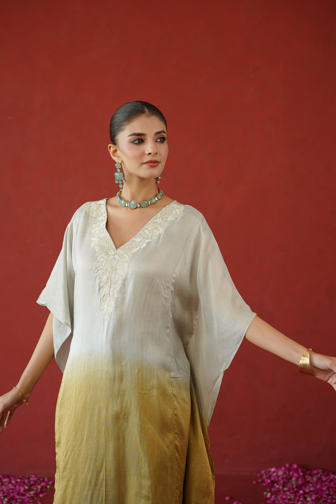 Mustard Ombre Floral Embroidered Kaftan Set