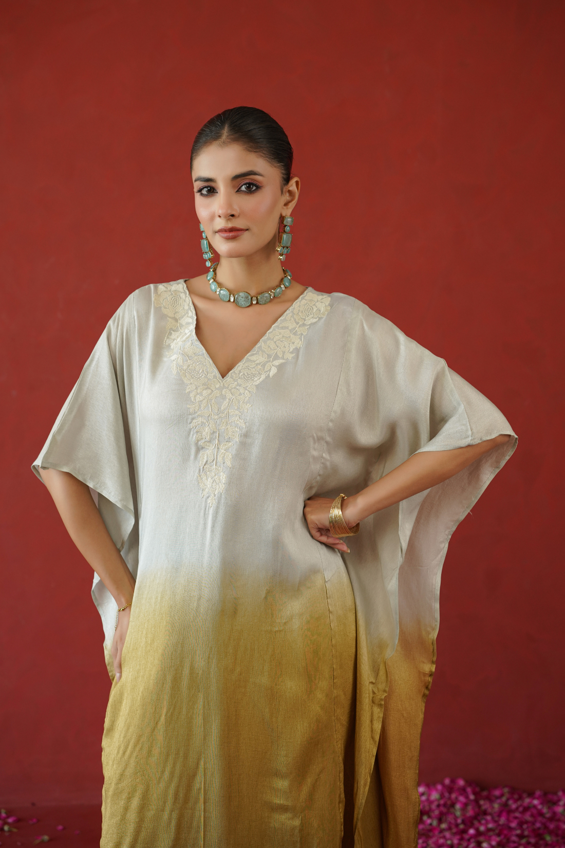 Mustard Ombre Floral Embroidered Kaftan Set