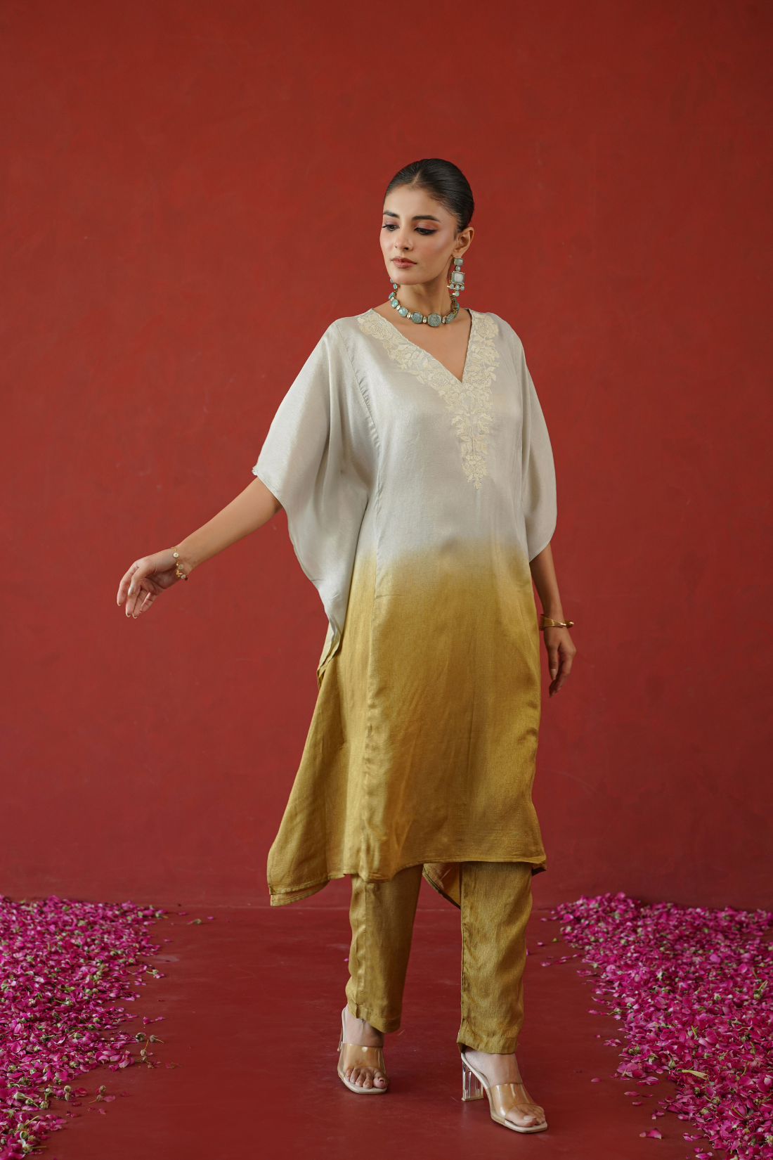 Mustard Ombre Floral Embroidered Kaftan Set