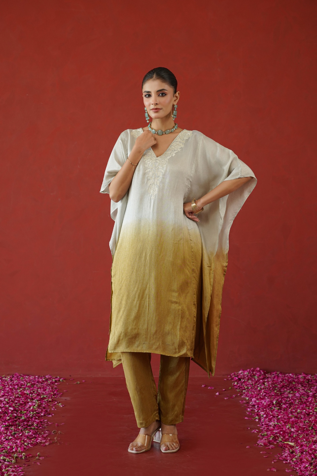 Mustard Ombre Floral Embroidered Kaftan Set