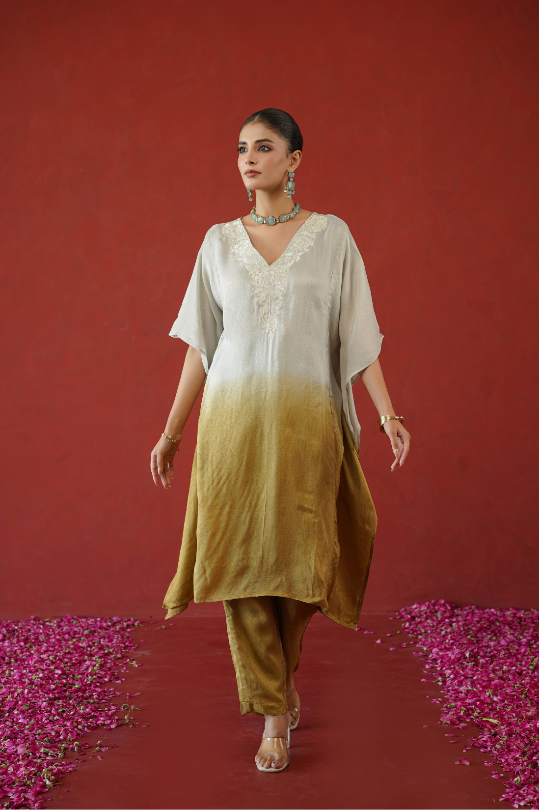 Mustard Ombre Floral Embroidered Kaftan Set