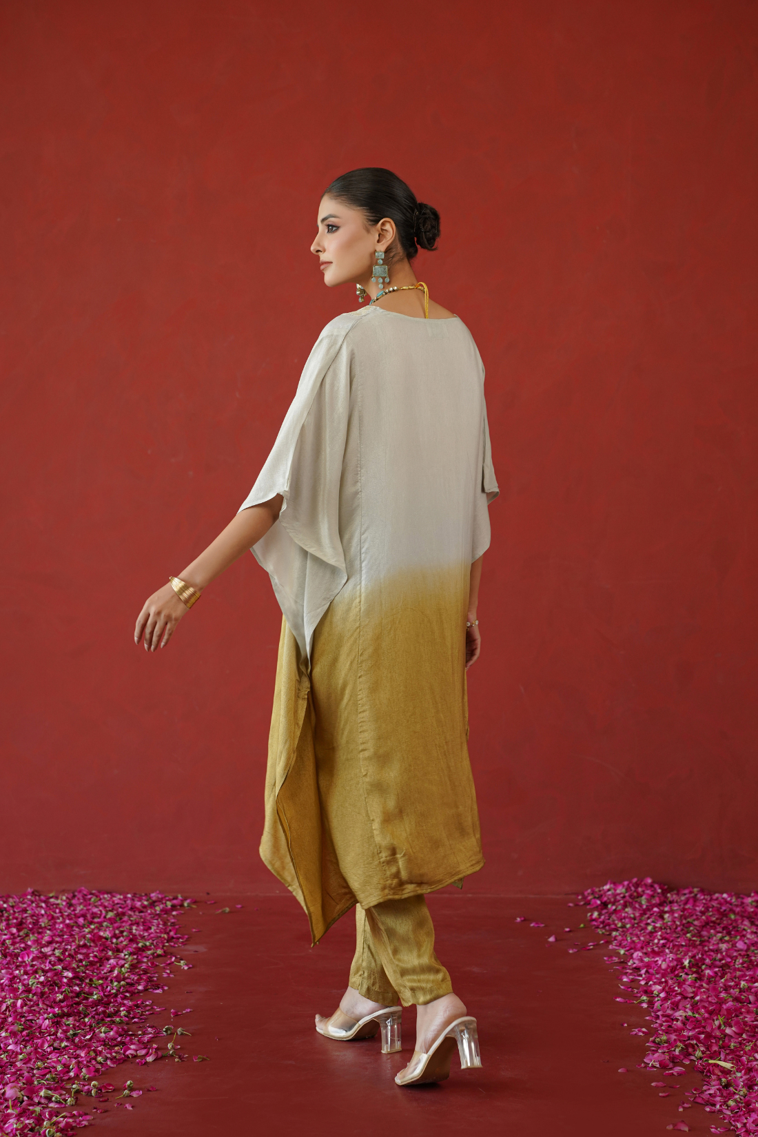 Mustard Ombre Floral Embroidered Kaftan Set