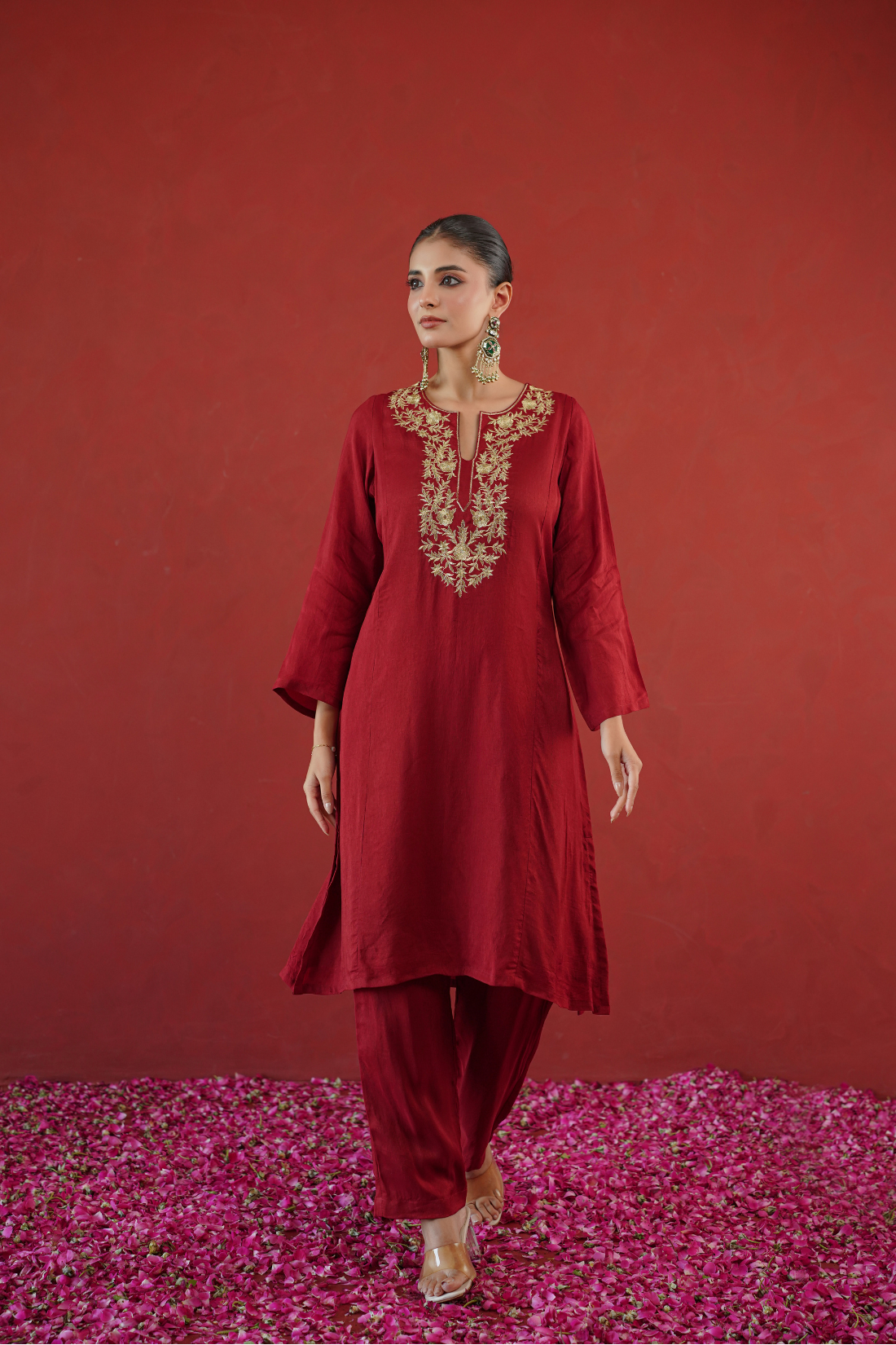 Red Zari Embroidered Tunic Set