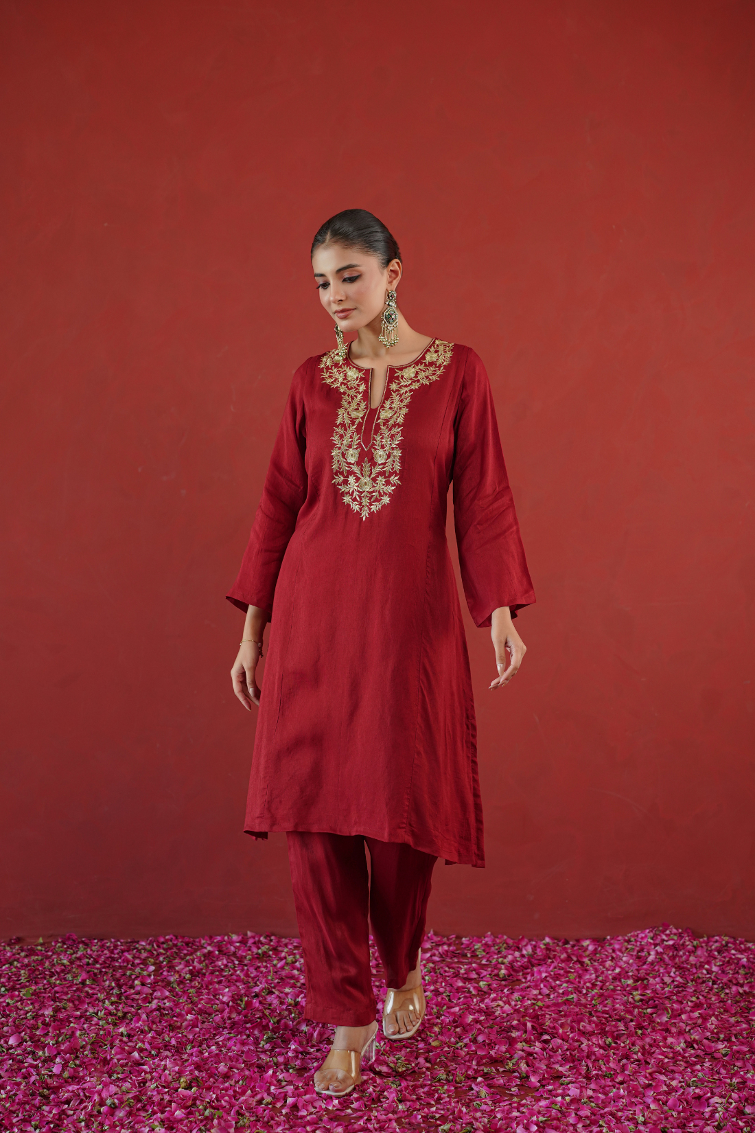Red Zari Embroidered Tunic Set