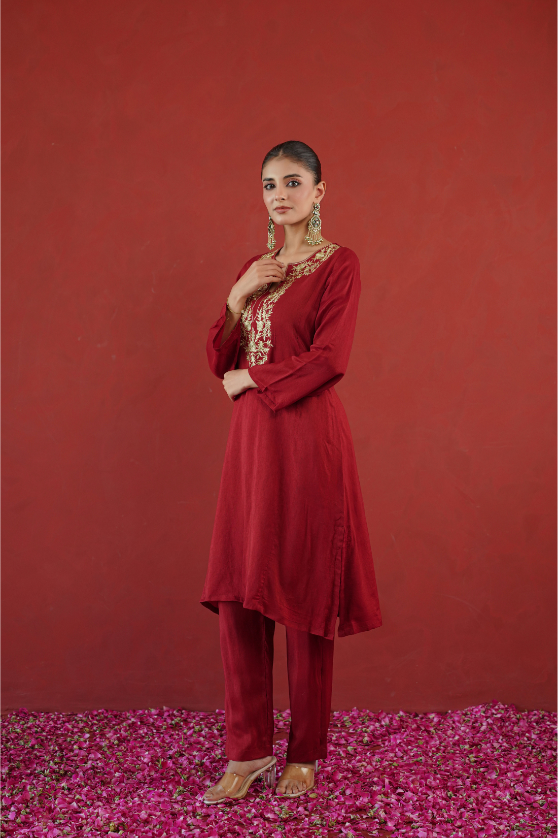 Red Zari Embroidered Tunic Set