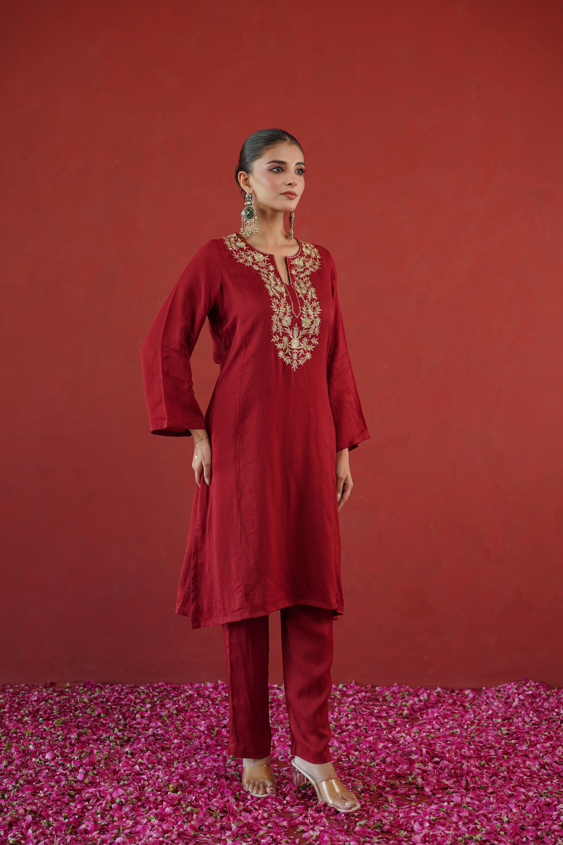 Red Zari Embroidered Tunic Set