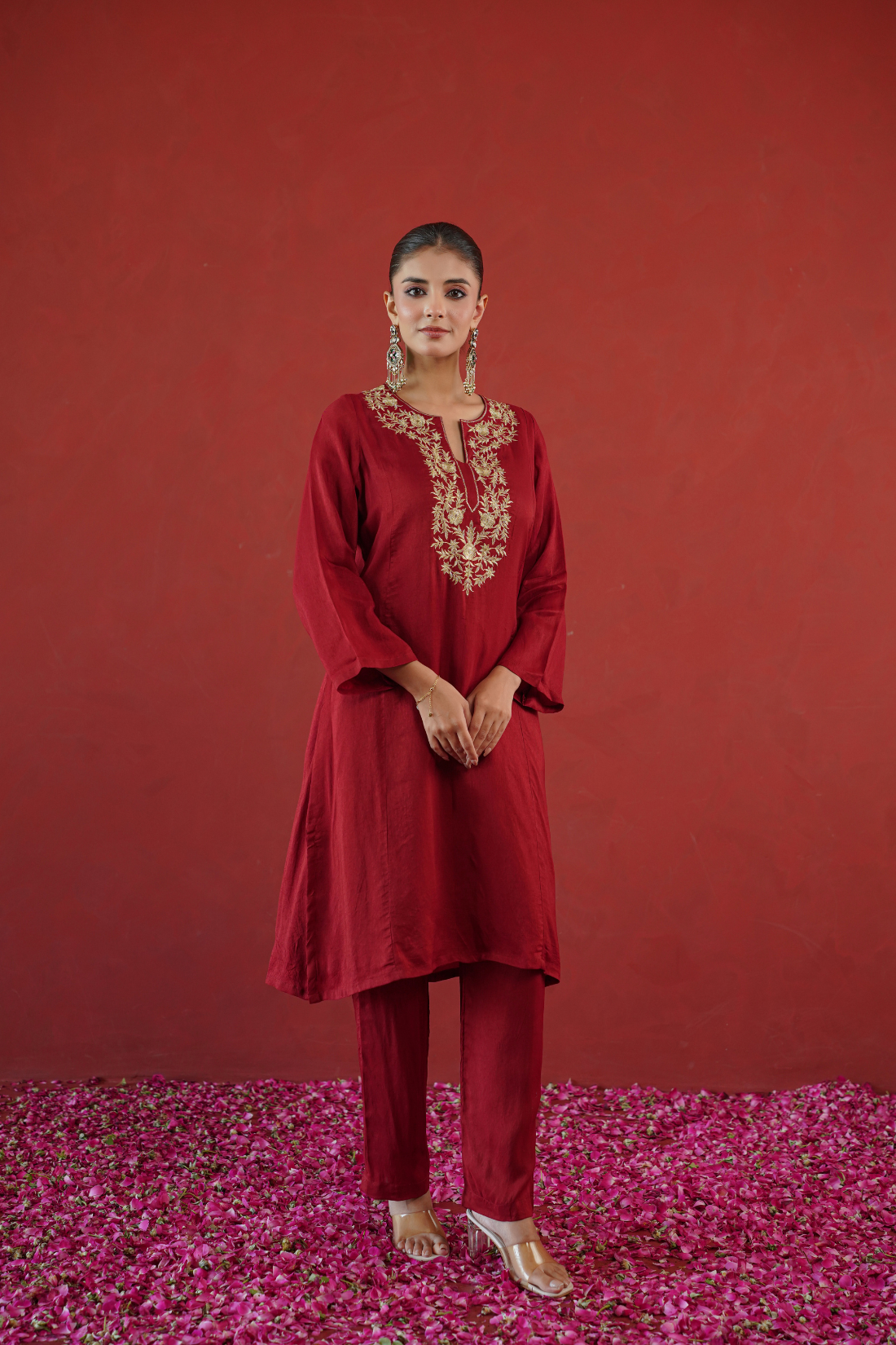 Red Zari Embroidered Tunic Set