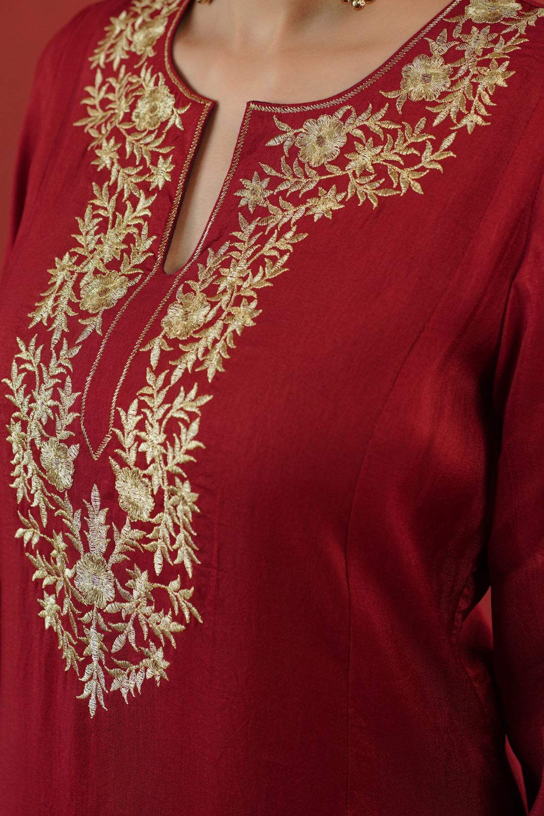 Red Zari Embroidered Tunic Set