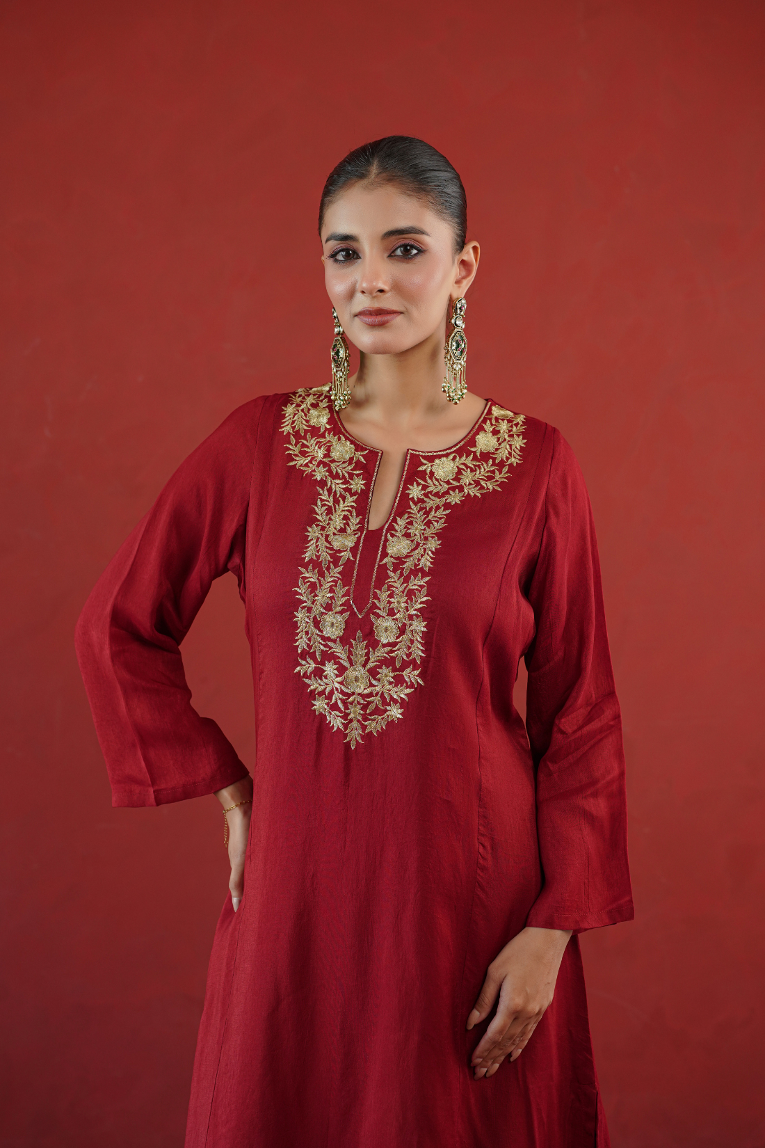 Red Zari Embroidered Tunic Set