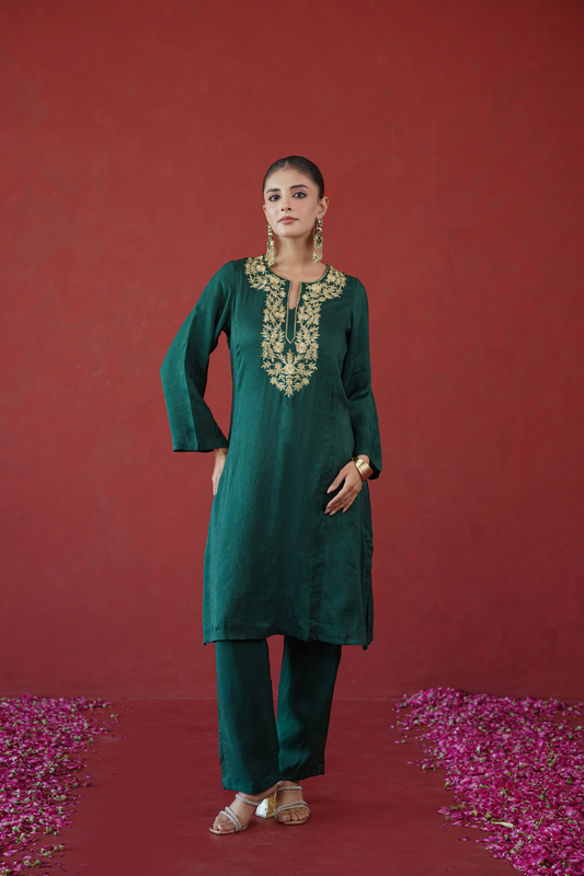 Green Zari Embroidered Tunic Set