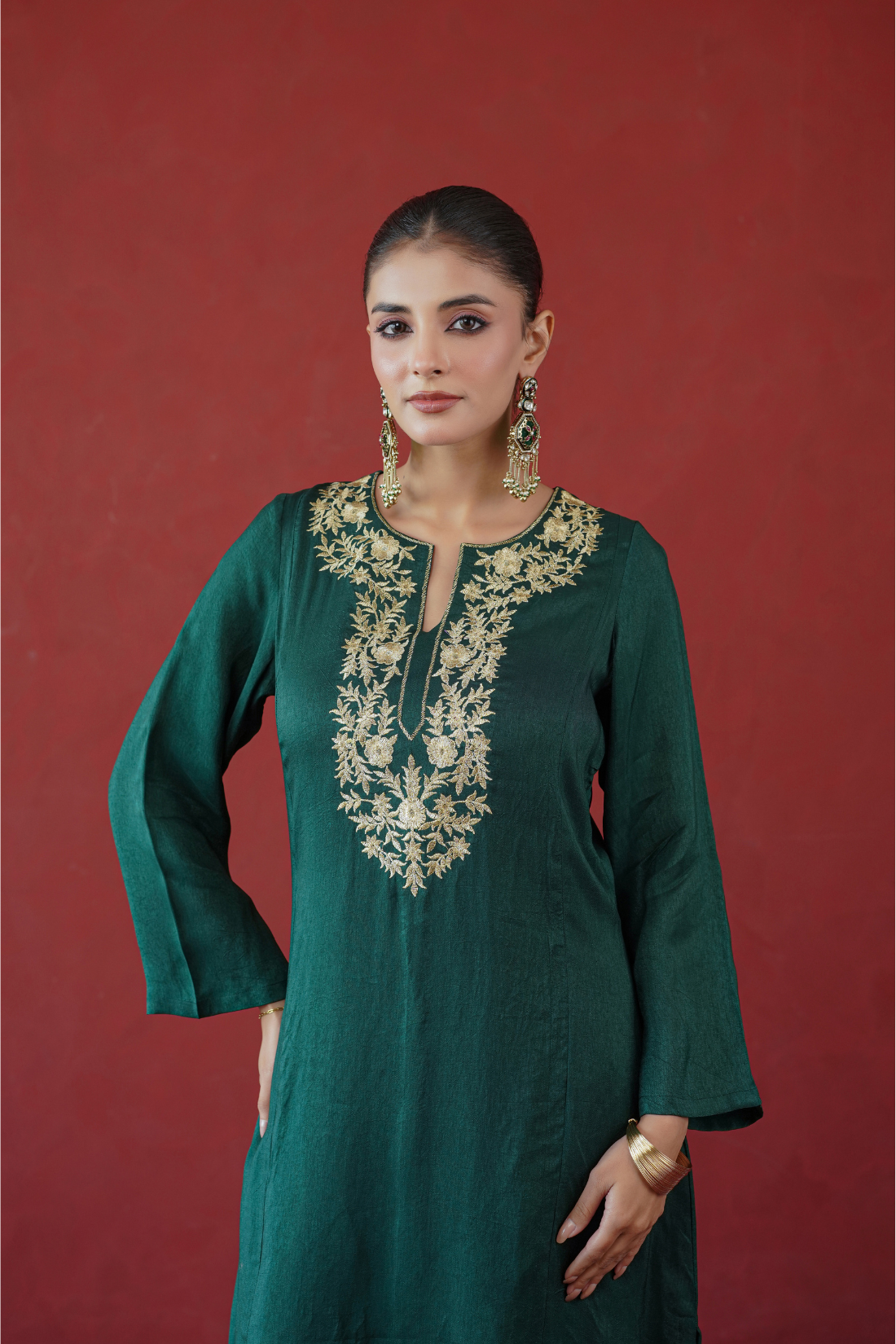 Green Zari Embroidered Tunic Set