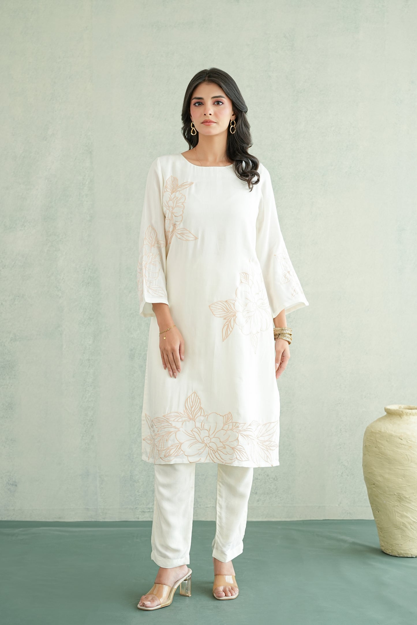 Off White embroidered Tunic Set