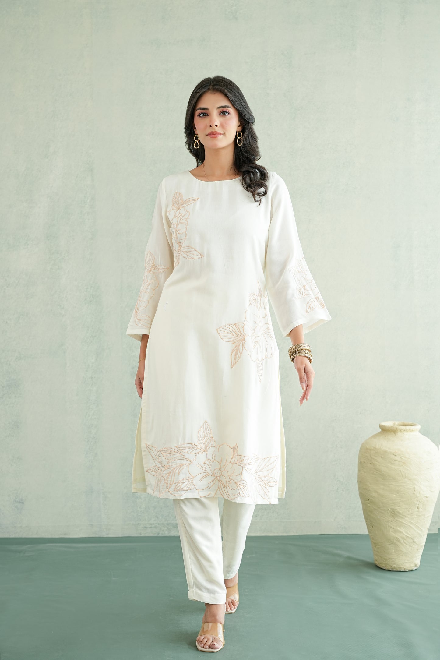 Off White embroidered Tunic Set