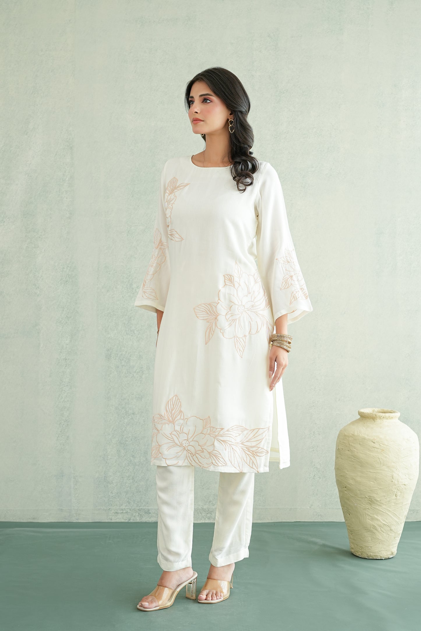 Off White embroidered Tunic Set