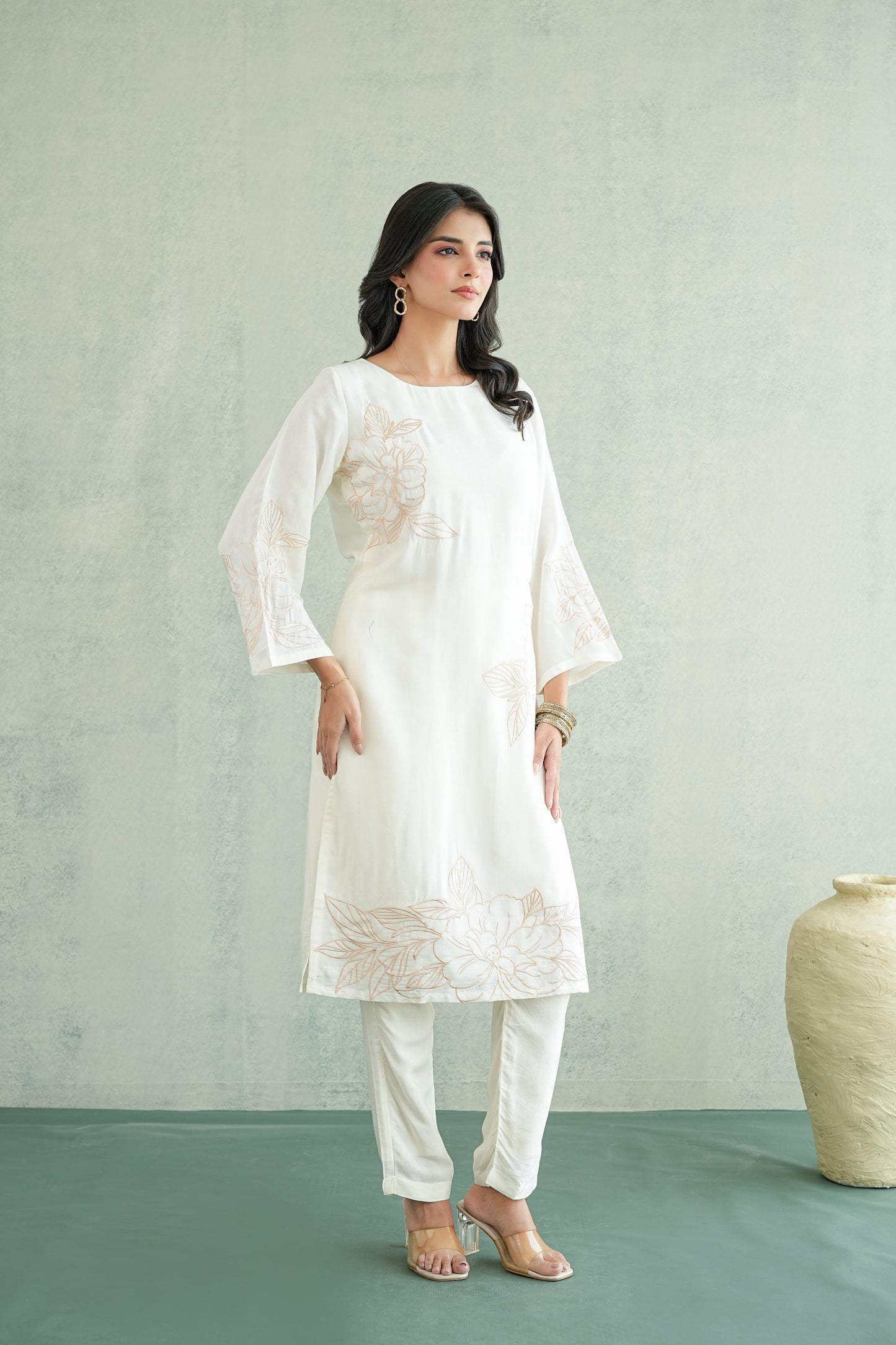 Off White embroidered Tunic Set