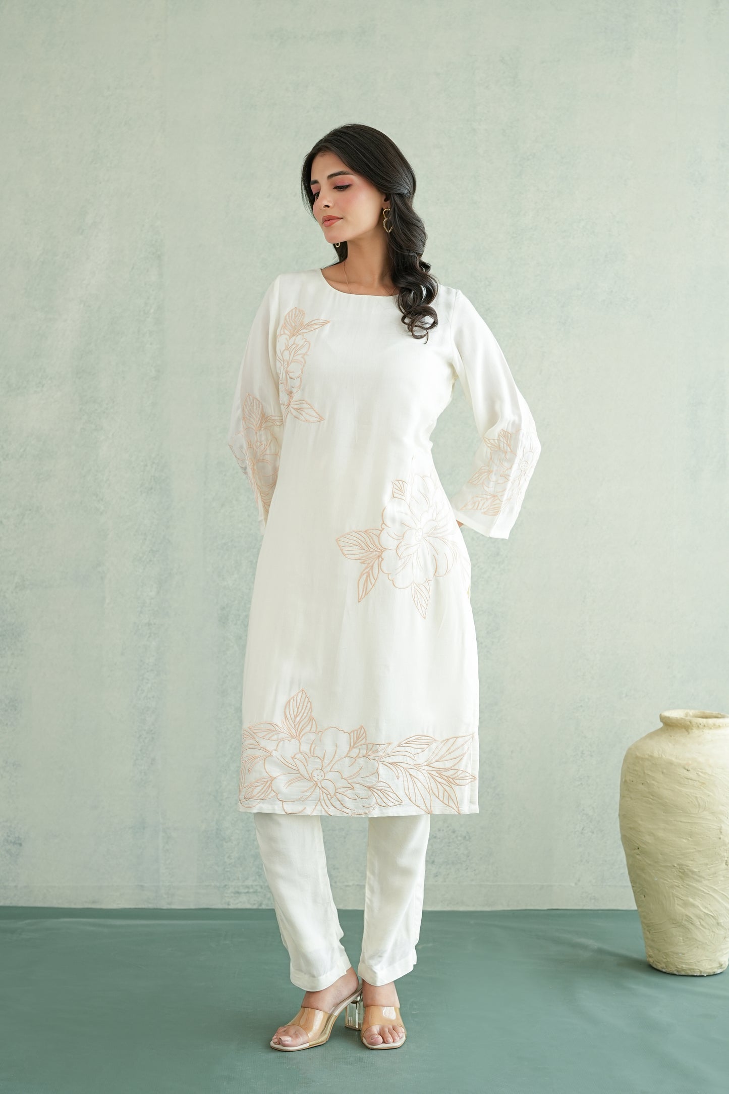 Off White embroidered Tunic Set