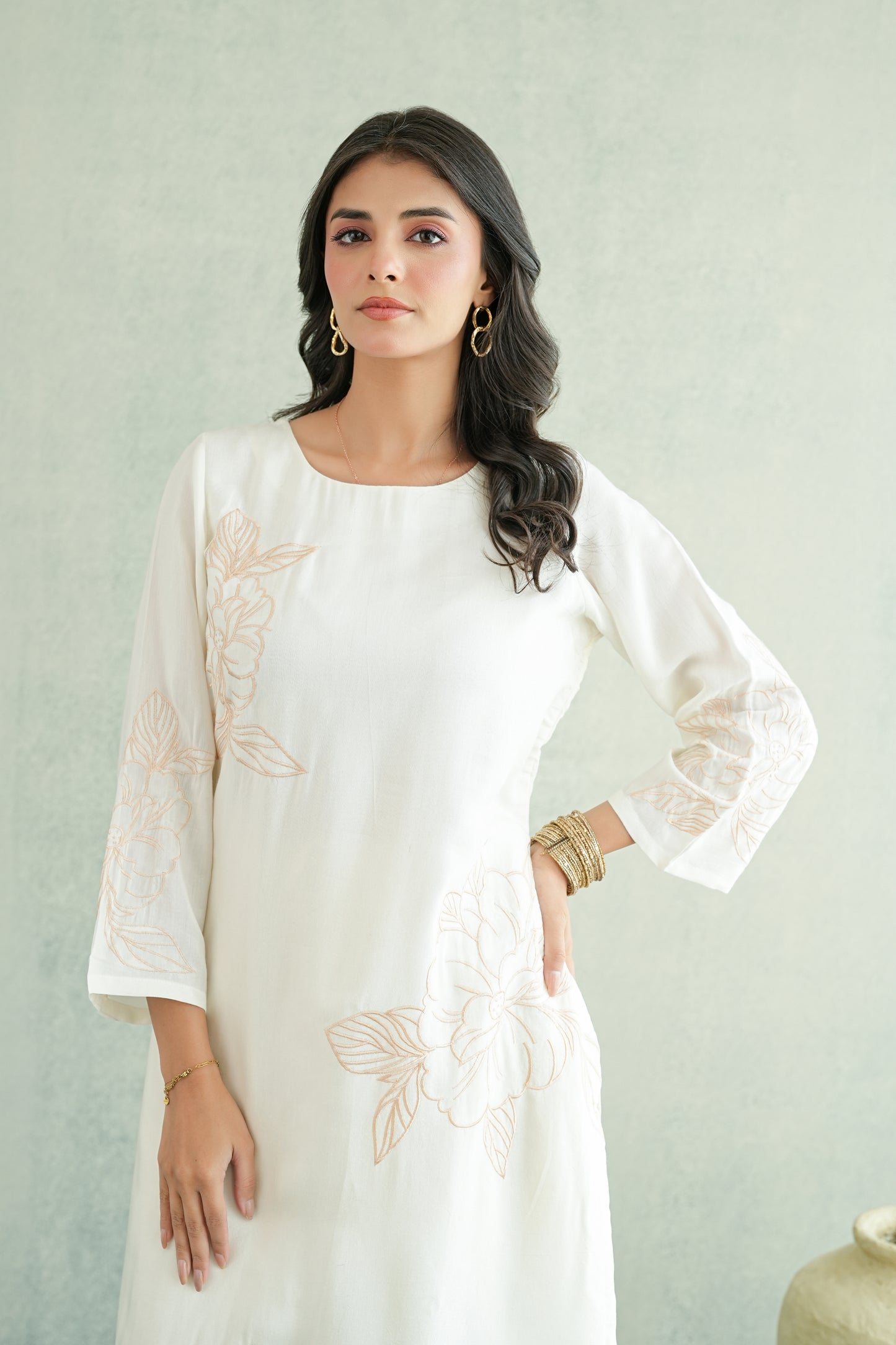 Off White embroidered Tunic Set