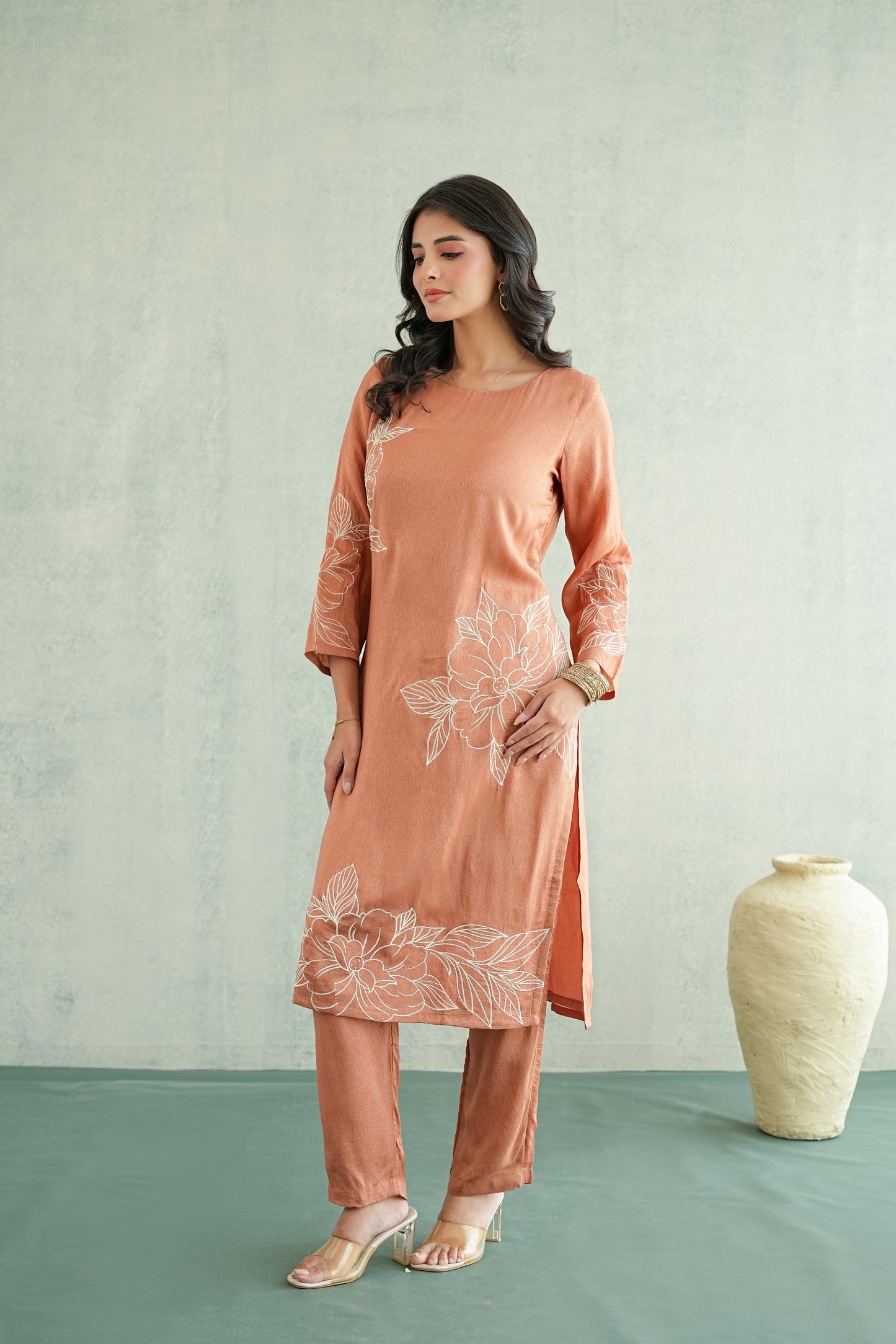 Peach Rose embroidered Tunic Set