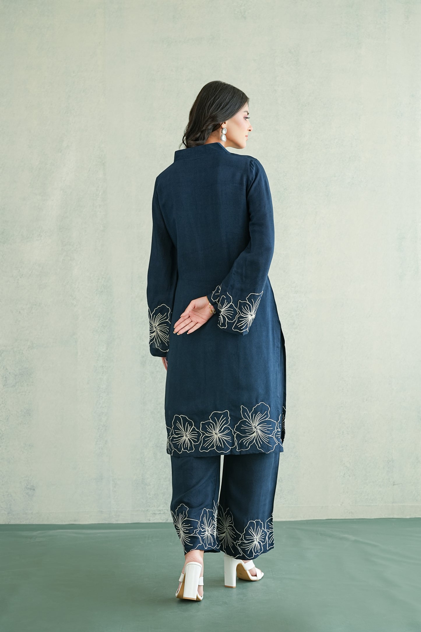 Navy Blue Floral Embroidered Coord set