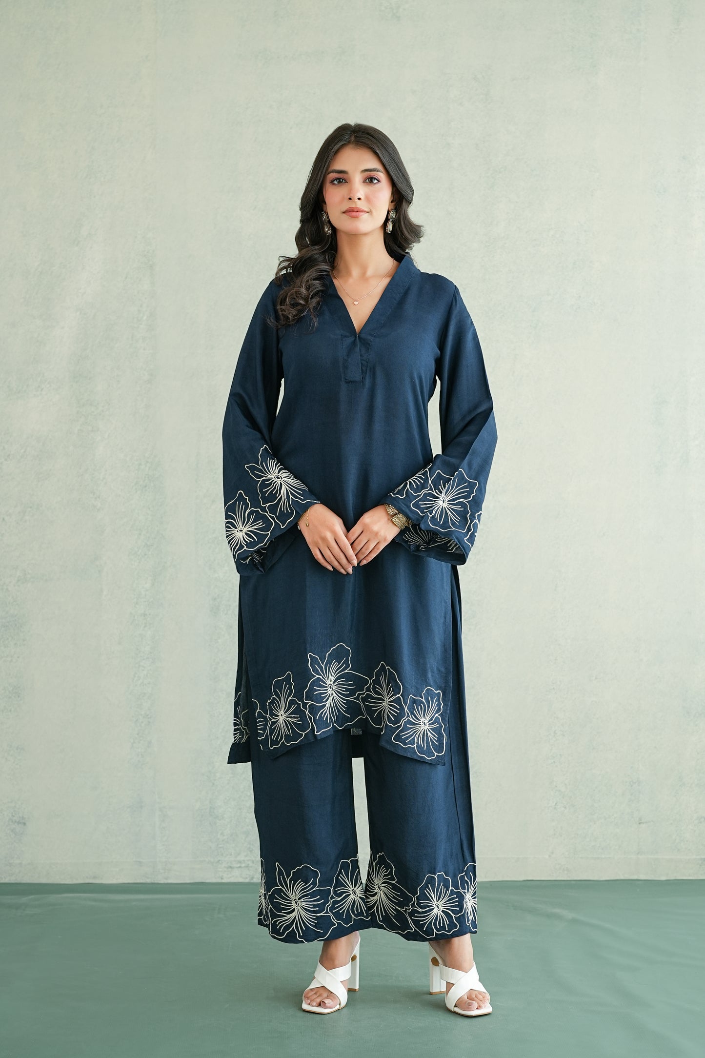 Navy Blue Floral Embroidered Coord set