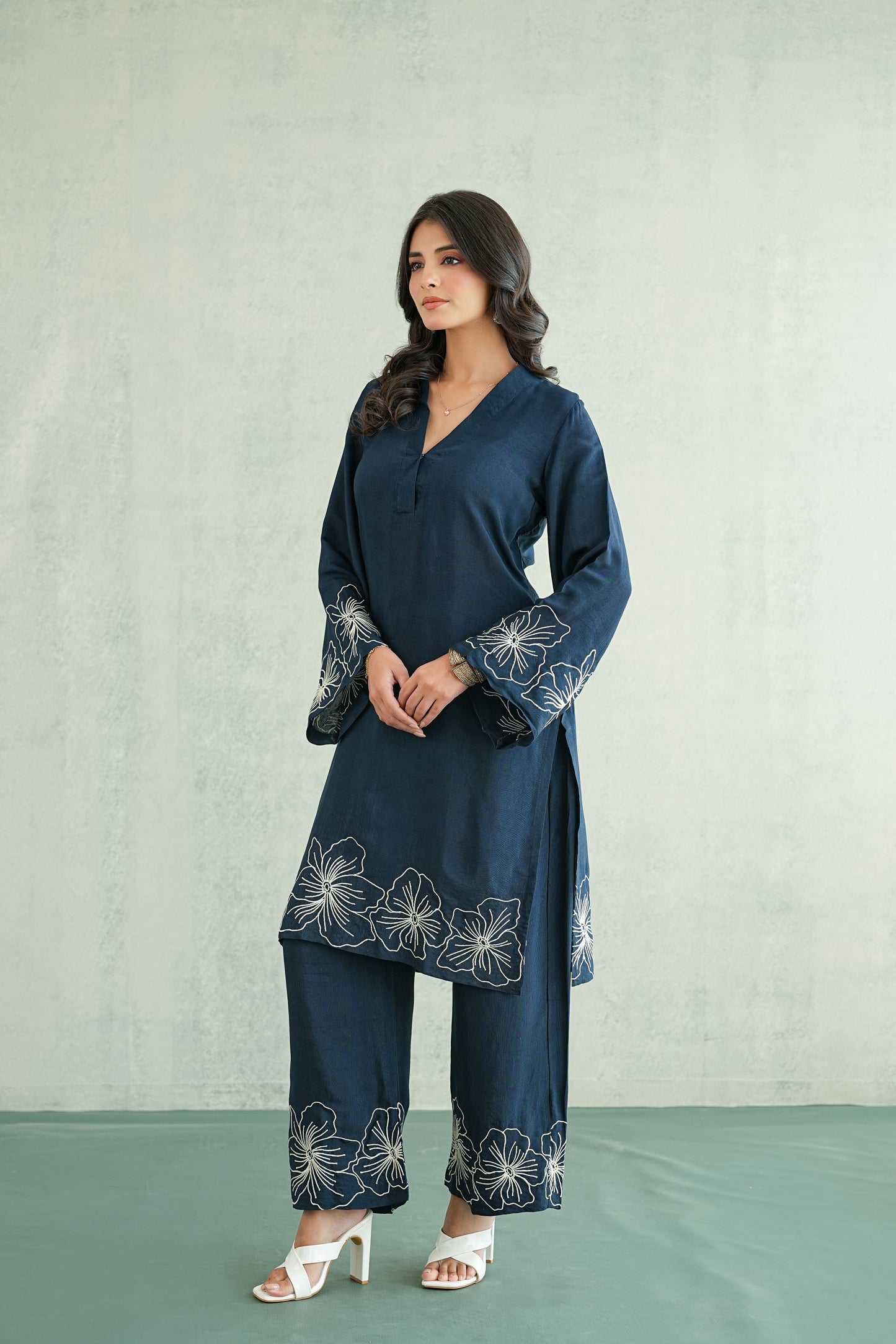 Navy Blue Floral Embroidered Coord set