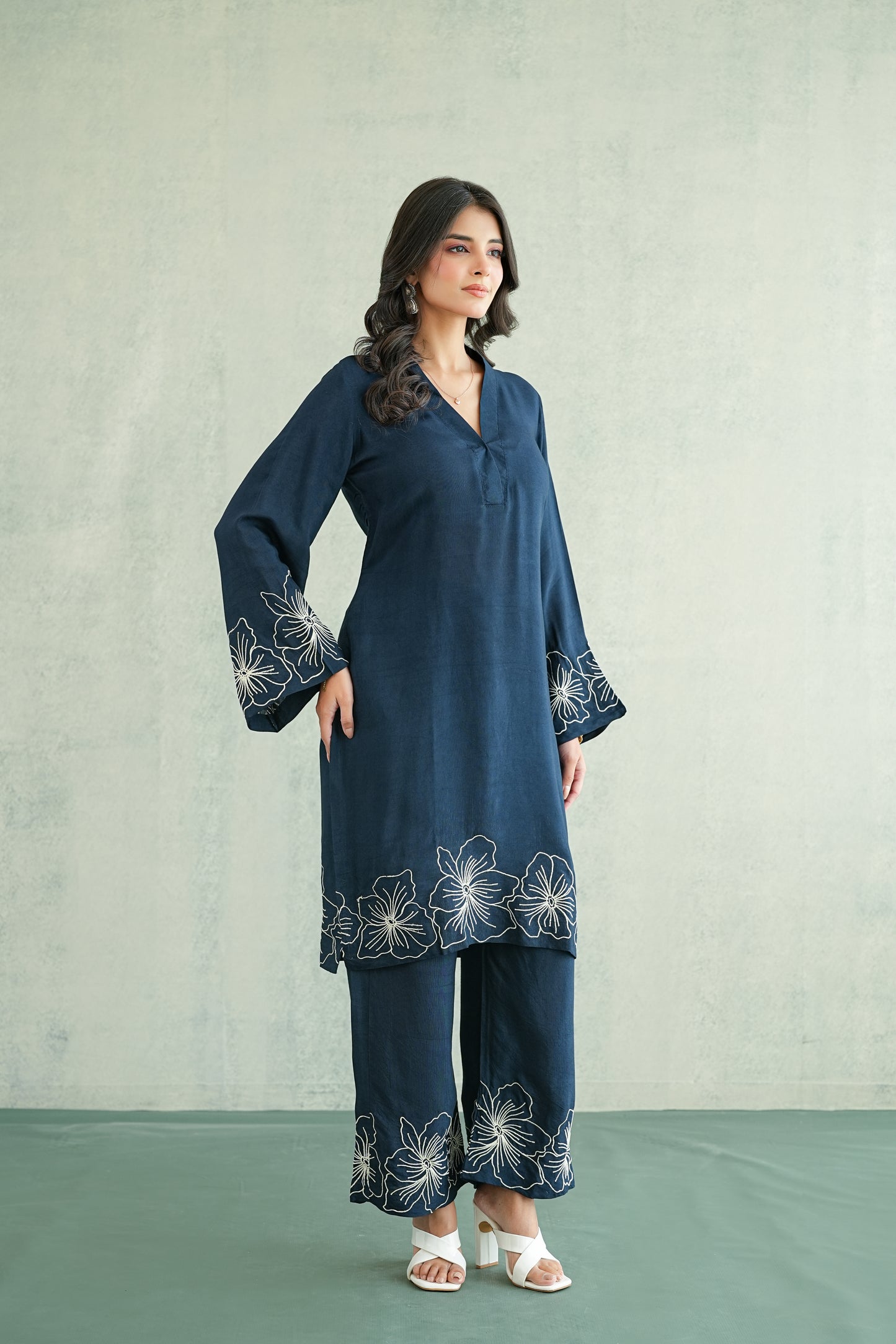 Navy Blue Floral Embroidered Coord set