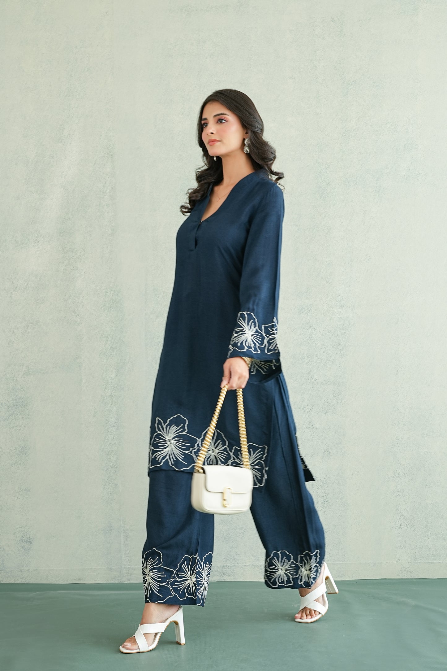 Navy Blue Floral Embroidered Coord set
