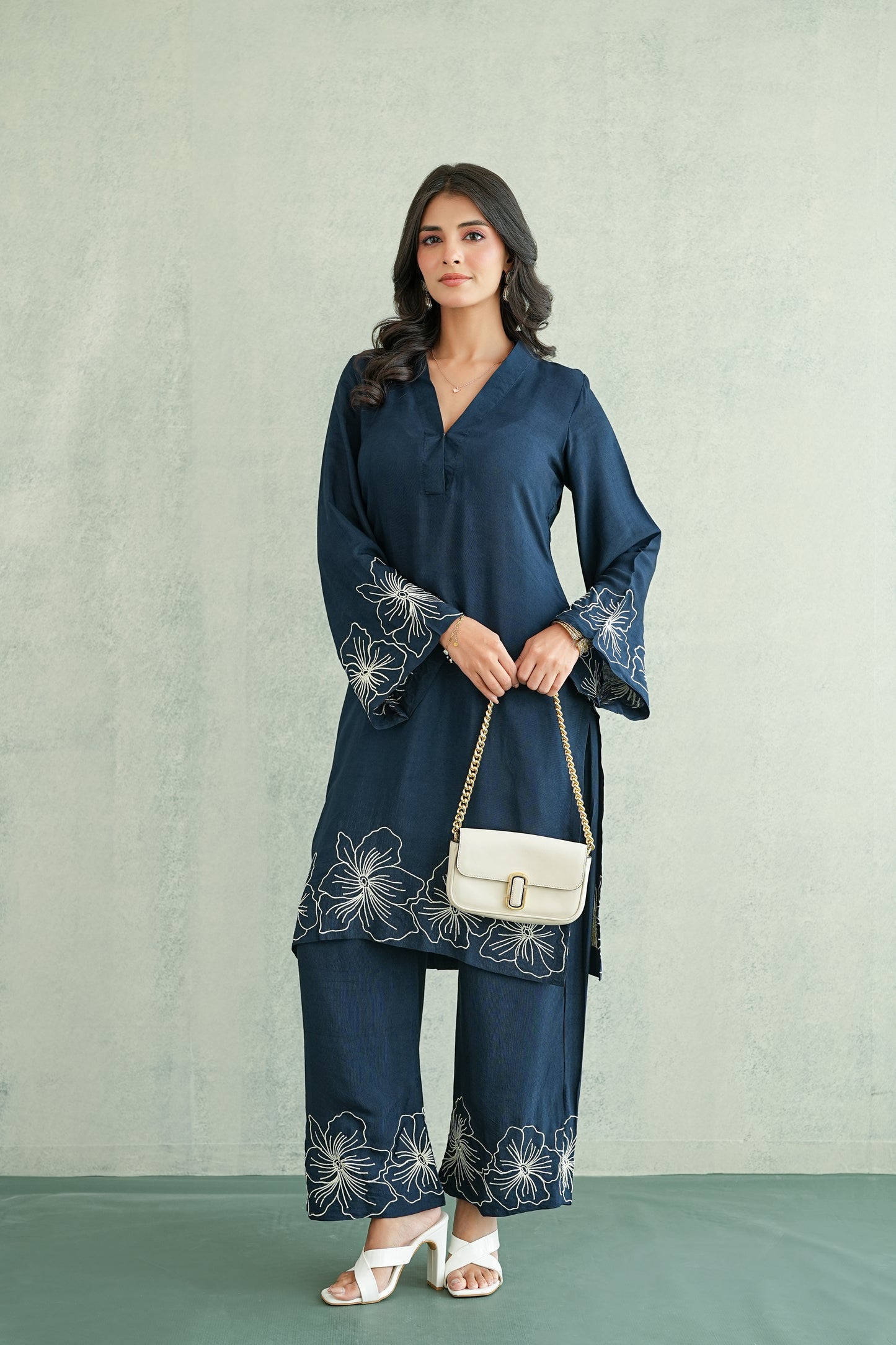 Navy Blue Floral Embroidered Coord set