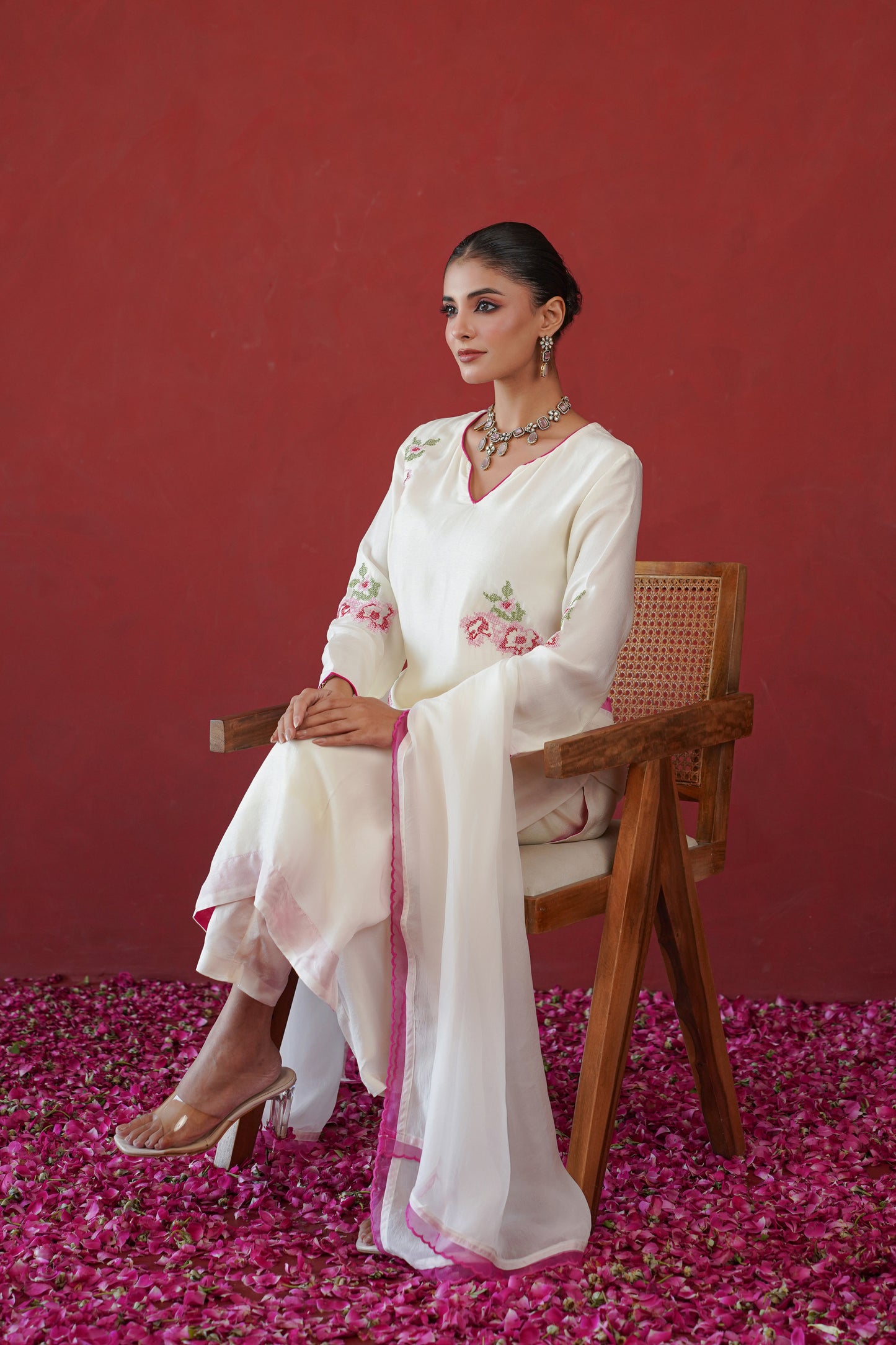 White Floral Embroidered Suit Set