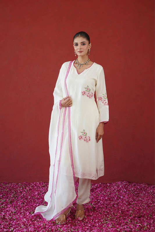 White Floral Embroidered Suit Set