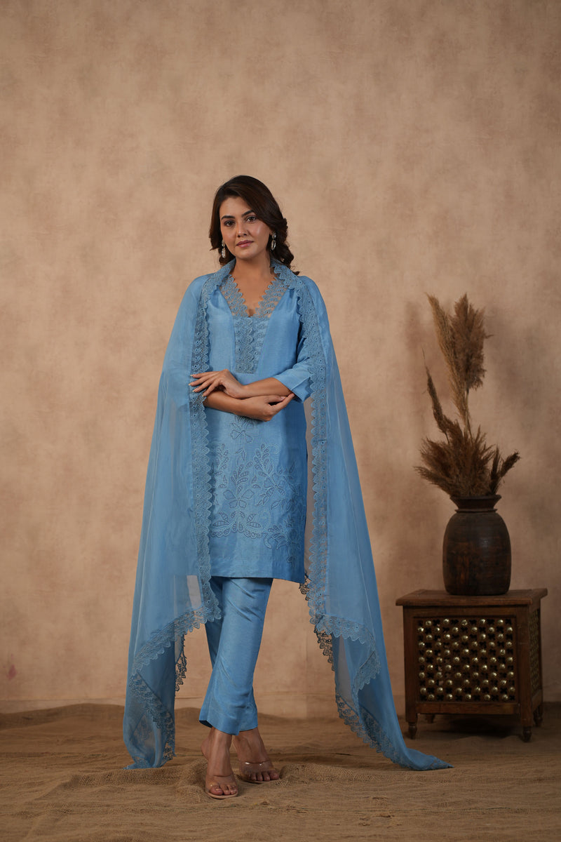 Blue Embroidered Suit set ( Set of 3 )