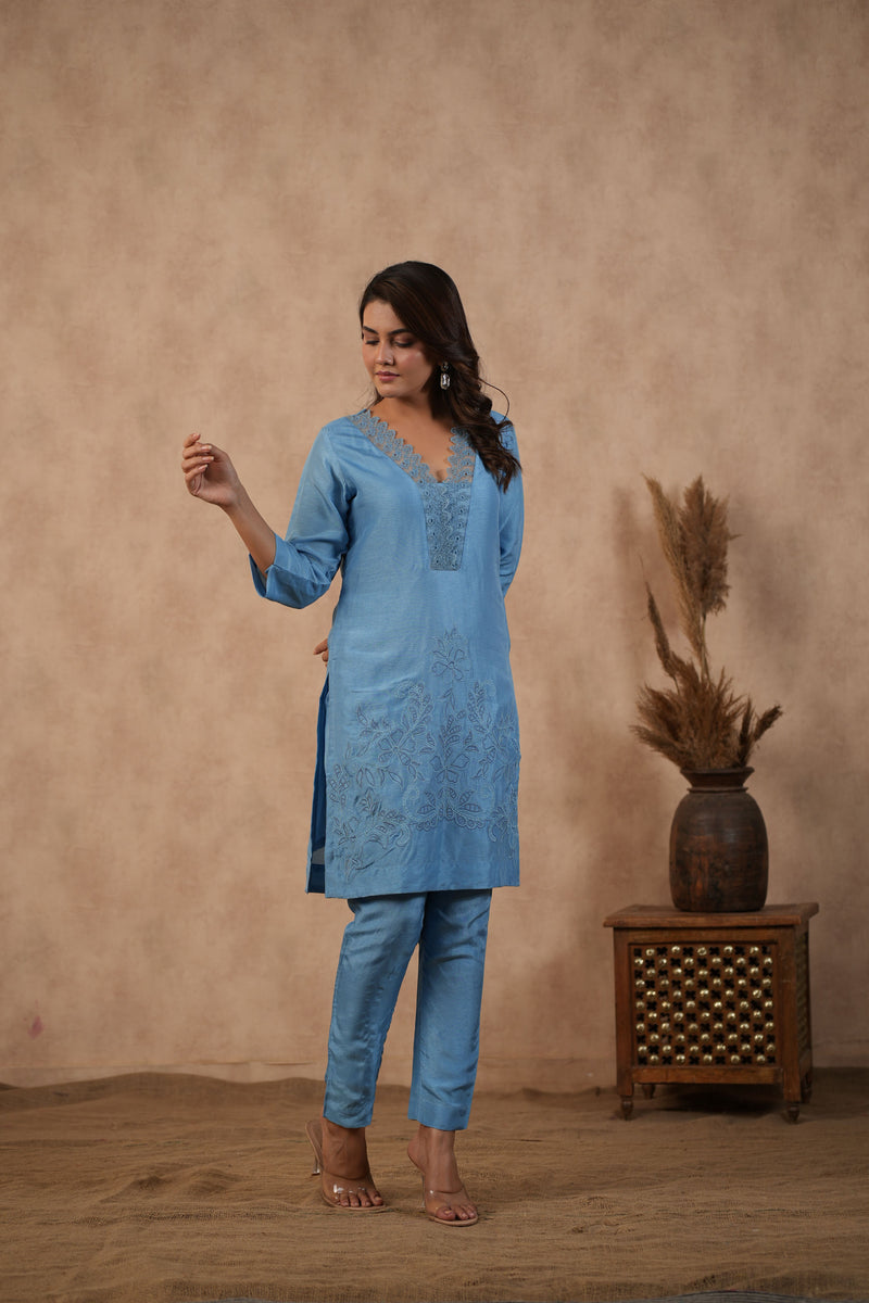 Blue Embroidered Suit set ( Set of 3 )