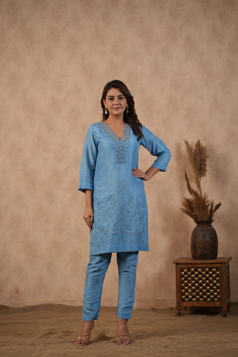 Blue Embroidered Suit set ( Set of 3 )