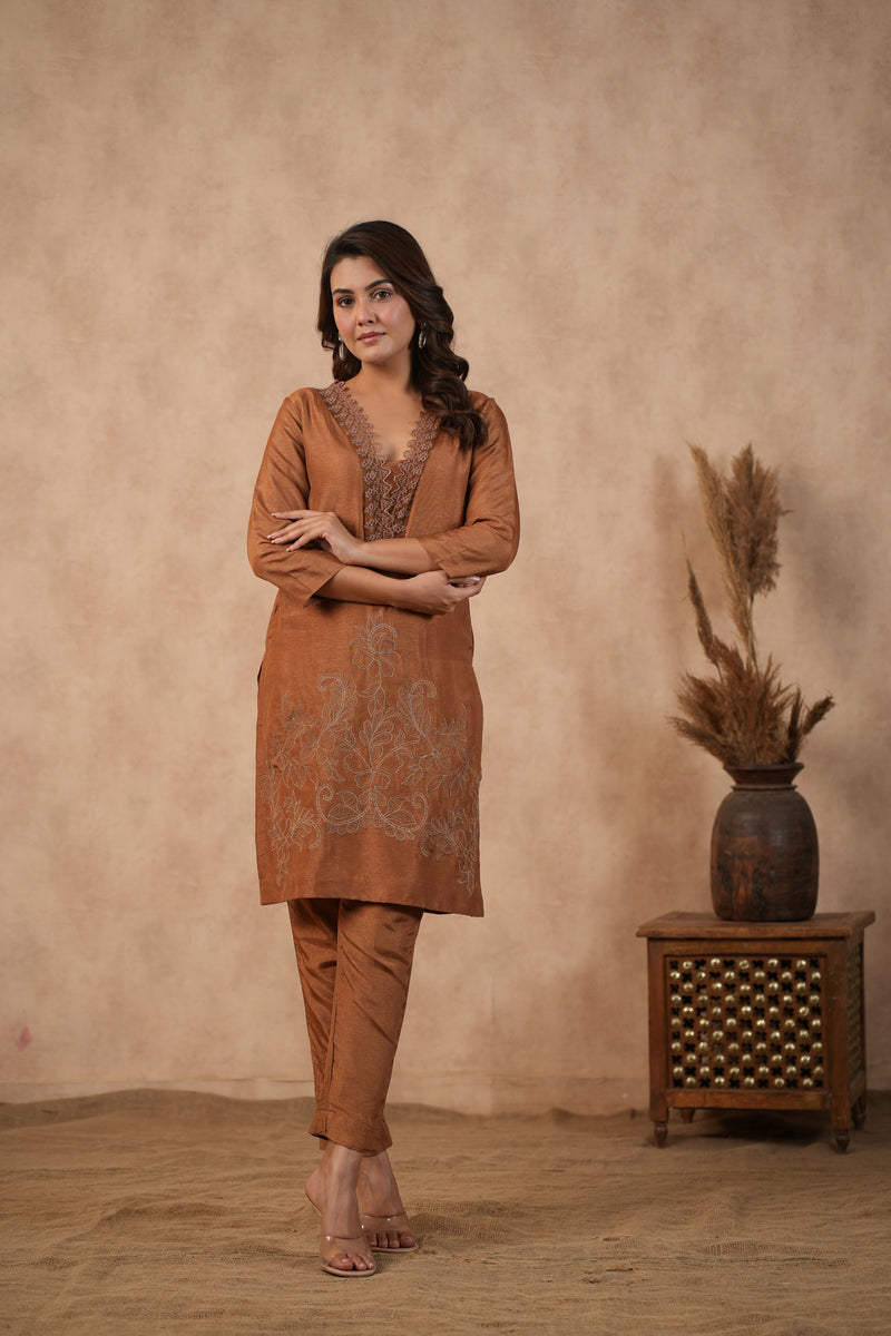 Brown Embroidered Suit set ( Set of 3 )