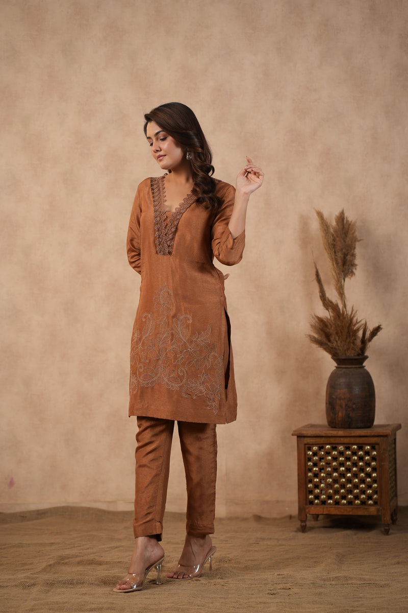 Brown Embroidered Suit set ( Set of 3 )